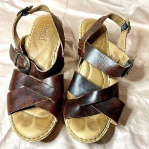 Born - Strappy Brown Leather Cork 3” Wedge Sandal - women 8 - $40